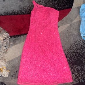 Primavera Couture 3573 Neon Pink Cocktail Dress One Shoulder Double Strap Fitted